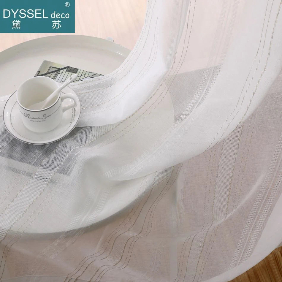 Rideau lin et tulle rayures style europeen salon - vue 6 sur 6