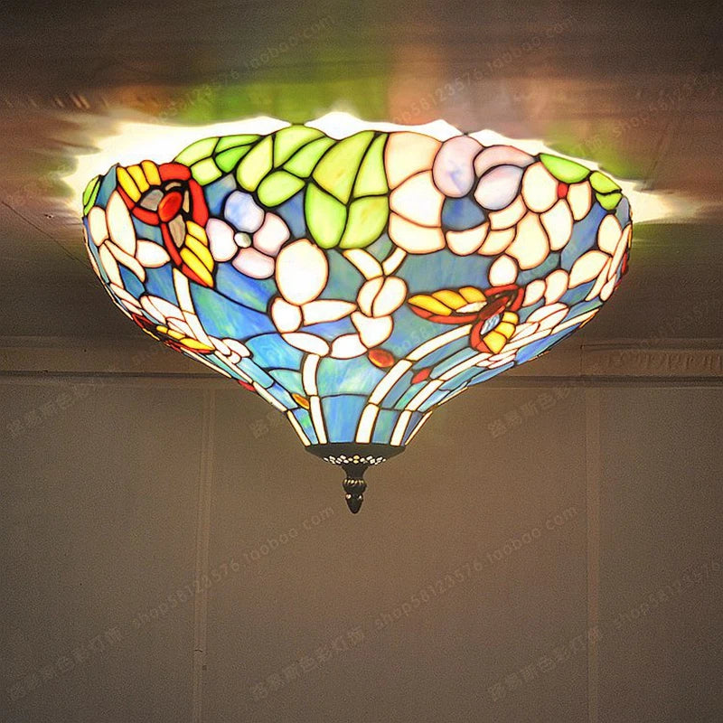 plafonnier fleurs papillons style campagne lampes rétro en verre artisanales - vue 5 sur 5