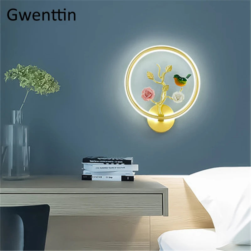 applique murale ronde à led fleur et oiseau décoratif pour intérieur - vue 3 sur 20