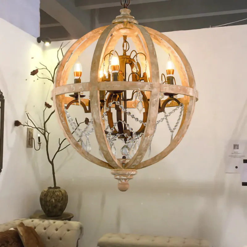 Lustre suspendu en bois massif rétro led dans le salon luminaire de décoration moderne rond Loft Suspension éclairage en cristal - vue 4 sur 8