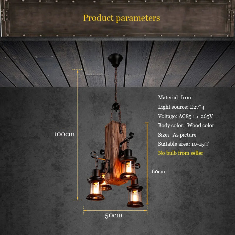 Suspension industrielle en bois avec luminaire en verre - vue 4 sur 7