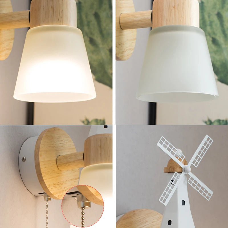 Décor nordique moulin à vent applique murale appliques pour la maison salon enfants chambre chevet miroir lumières bois luminaire - vue 6 sur 8