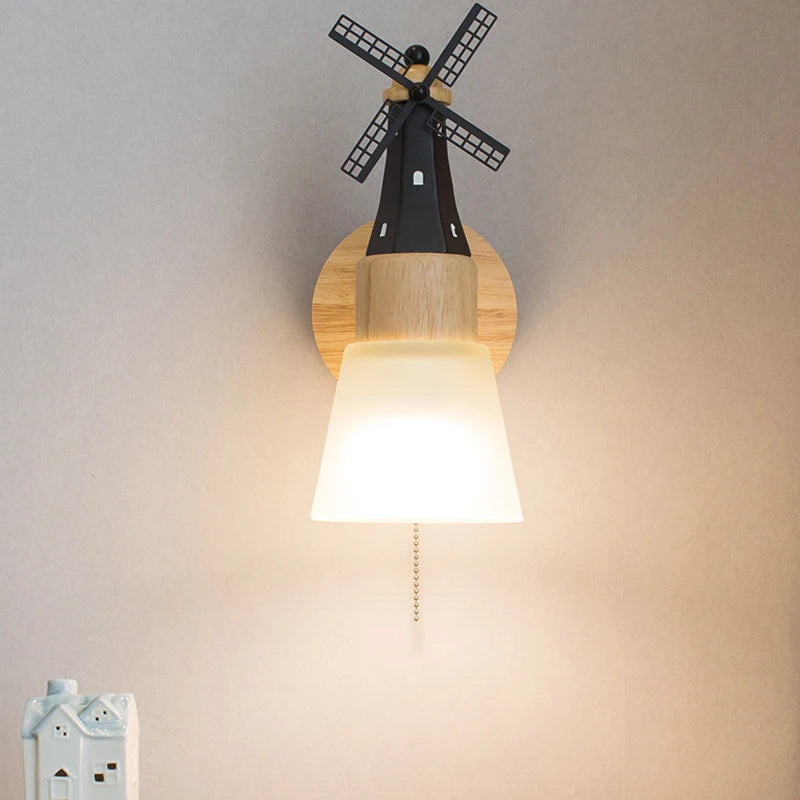 Décor nordique moulin à vent applique murale appliques pour la maison salon enfants chambre chevet miroir lumières bois luminaire - vue 5 sur 8