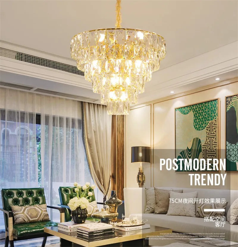 lustre rond en acier doré avec cristal et éclairage led intérieur - vue 4 sur 9