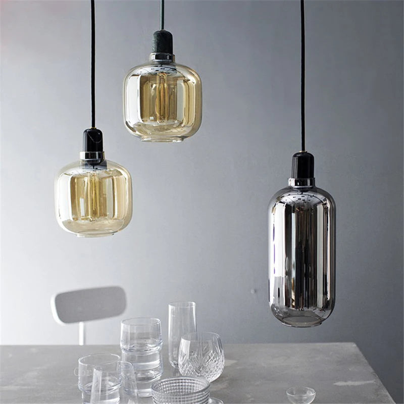 suspension à led en verre et marbre design danois rétro industriel - vue 4 sur 12