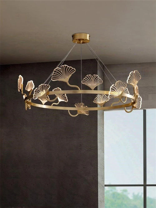 Kronleuchter aus Kupfer mit LED-Blattdesign im chinesischen Stil - vue 3 sur 9