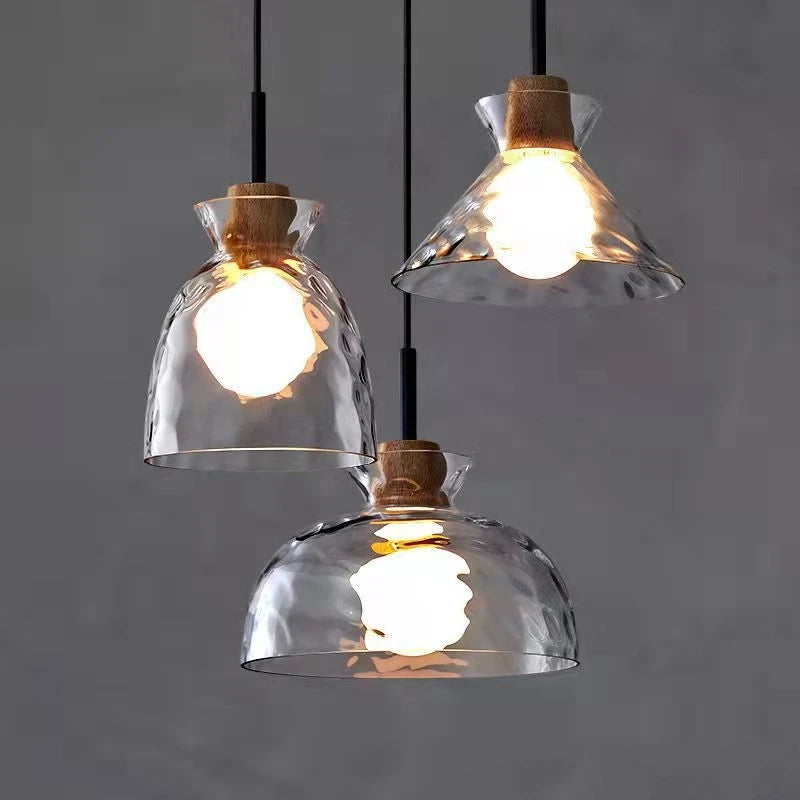 suspension led en verre grain d'eau et bois nordique rétro - vue 2 sur 11