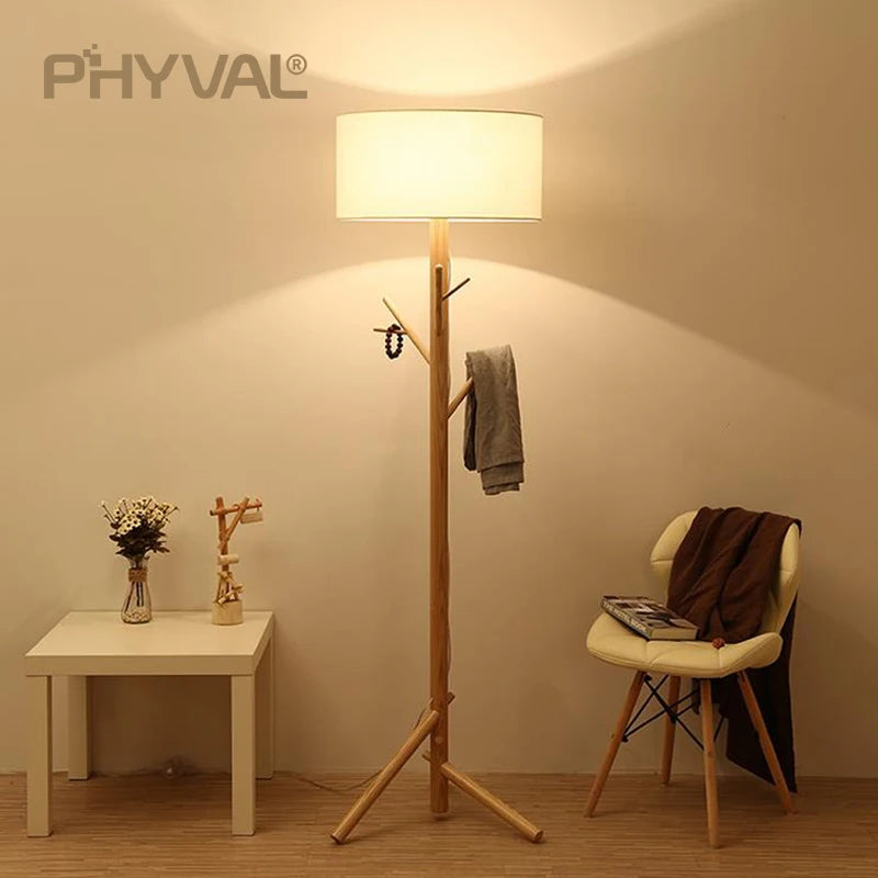 Lampadaire Nordique bois sur pied tissu interrupteur - vue 2 sur 17