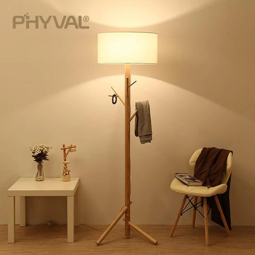Lampadaire Nordique bois sur pied tissu interrupteur