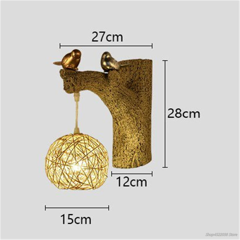 applique murale style chinois lampe oiseaux résine rotin - vue 7 sur 8