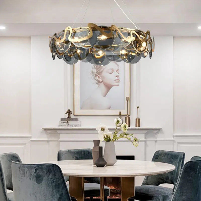 lustre rond en verre et fer pour éclairage intérieur - vue 10 sur 12