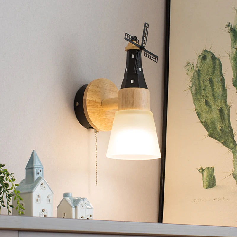 Décor nordique moulin à vent applique murale appliques pour la maison salon enfants chambre chevet miroir lumières bois luminaire - vue 4 sur 8