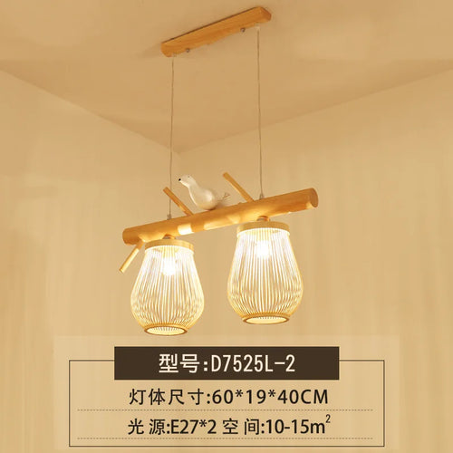 Moderne Pendelleuchte aus Holz und Bambus mit dekorativem Vogeldesign - vue 10 sur 10