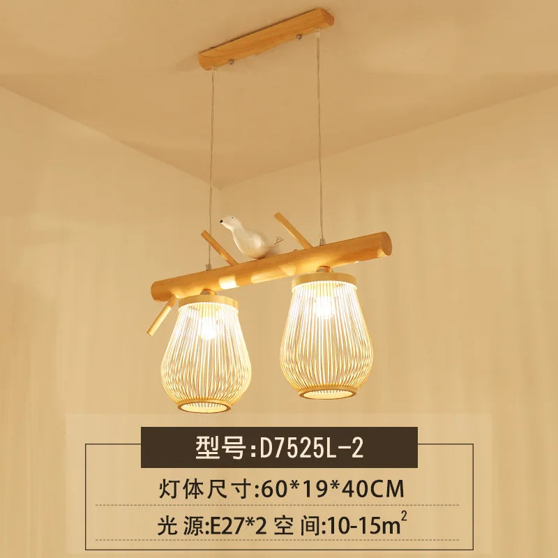 Moderne Pendelleuchte aus Holz und Bambus mit dekorativem Vogeldesign - vue 9 sur 10