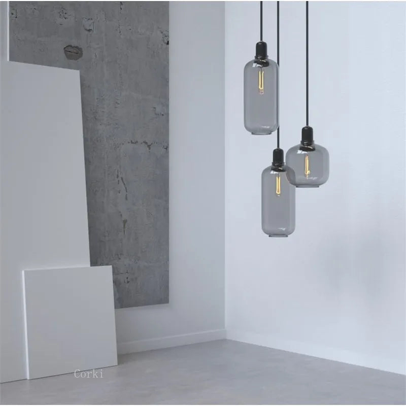 suspension à led en verre et marbre design danois rétro industriel - vue 5 sur 12