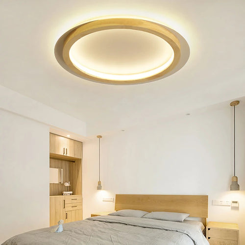 Moderne runde LED-Deckenleuchten aus Acryl und Holz im nordischen Stil - vue 4 sur 8