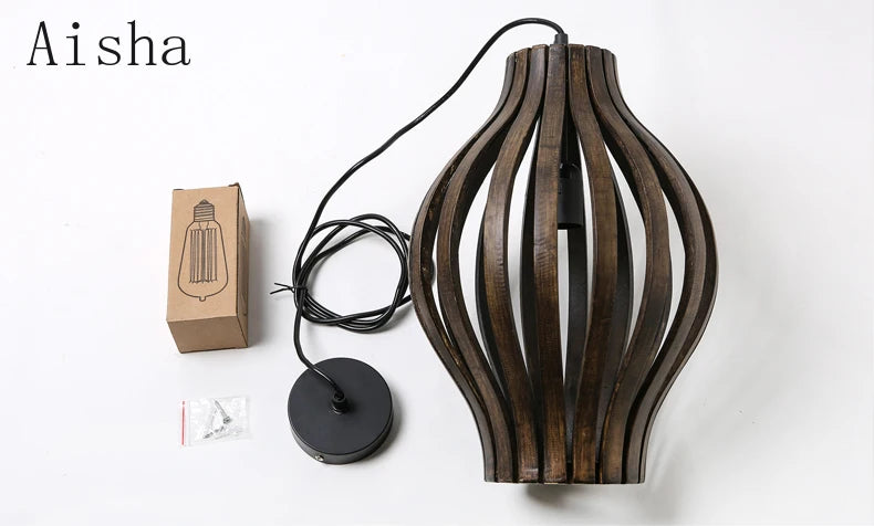 lustre rétro en bois style sud-est asiatique pour décoration intérieure - vue 6 sur 7