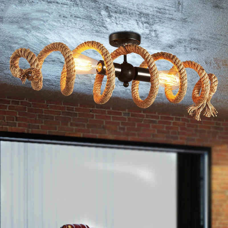 lustre rétro loft en corde de chanvre pour bar pub café - vue 5 sur 7