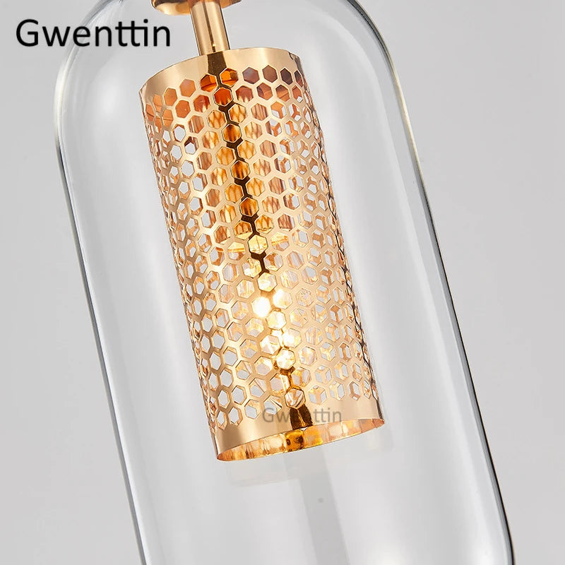 Moderne LED-Pendelleuchte aus goldenem Glas im nordischen Stil - vue 5 sur 7