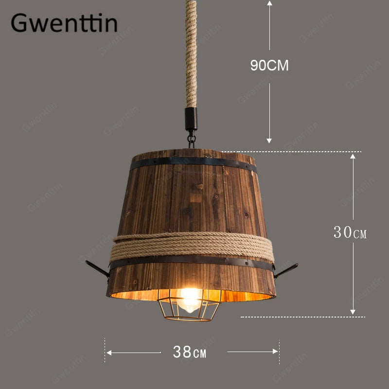 Vintage-Pendelleuchte aus Holz im Industriestil für Retro-Dekoration - vue 5 sur 7