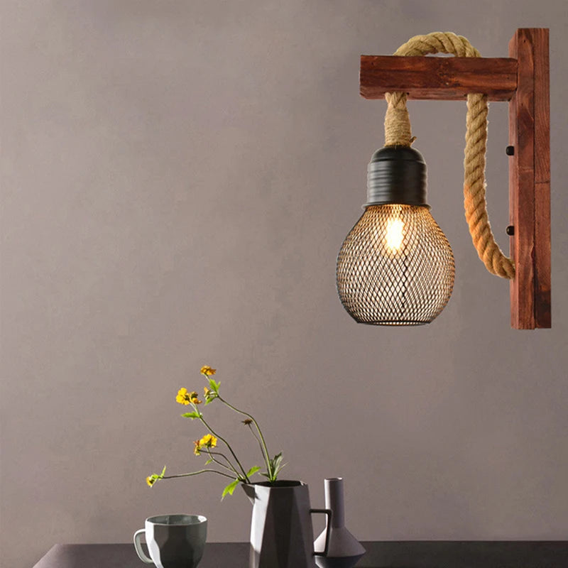 applique murale industrielle vintage à led en bois et corde
