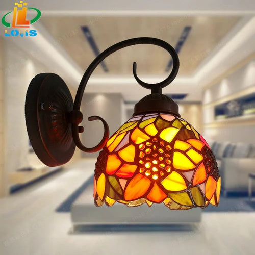 Wandleuchte im europäischen Stil mit Sonnenblumen-Motiv aus Glas für Garten und Balkon - vue 10 sur 9