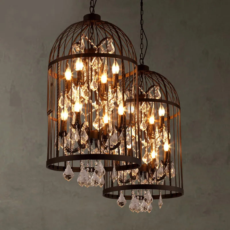 lustre vintage américain en fer cage à oiseaux rétro cristal