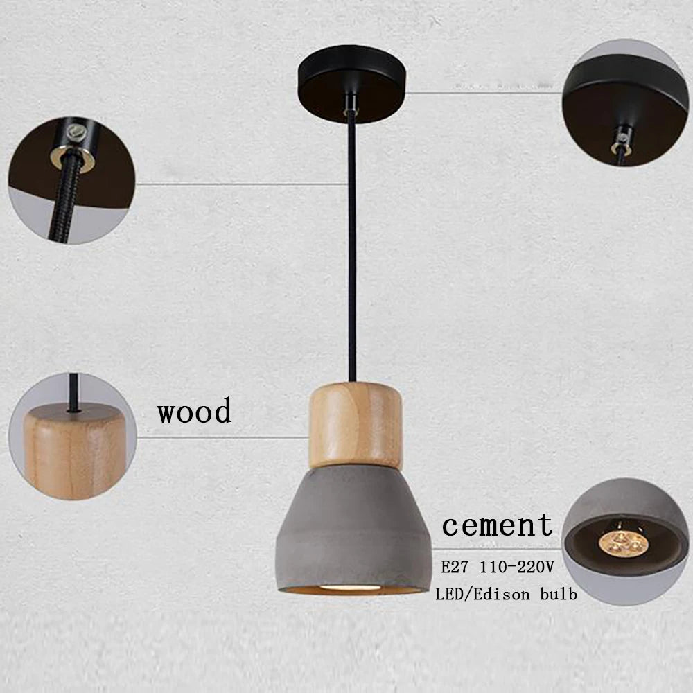 Pendelleuchte im nordischen Loft-Stil aus Holz und Zement, E27, 4 Farben, modern für Restaurant, Wohnzimmer, Café, Schlafzimmer, bunte Dekoration - vue 3 sur 10