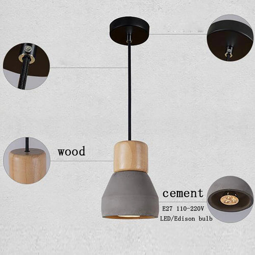 Pendelleuchte im nordischen Loft-Stil aus Holz und Zement, E27, 4 Farben, modern für Restaurant, Wohnzimmer, Café, Schlafzimmer, bunte Dekoration - vue 4 sur 10