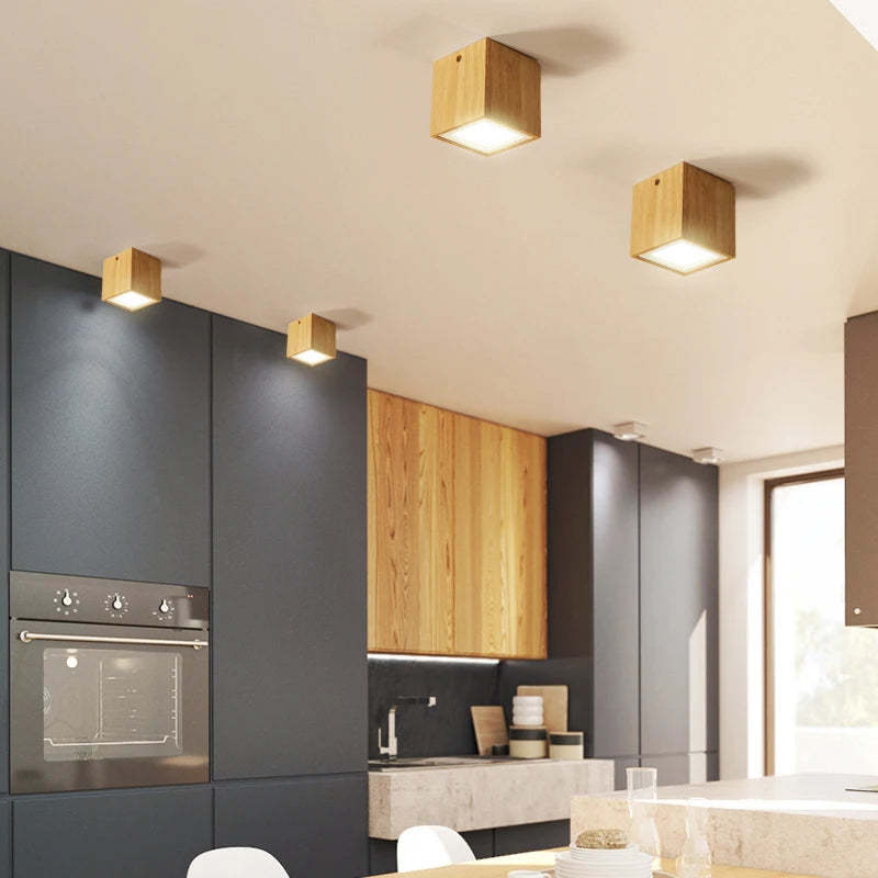 plafonnier moderne à leds design bois rond carré décoration intérieure - vue 4 sur 12