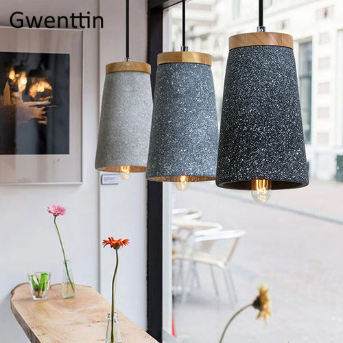 Pendelleuchte aus Zement im Vintage-Stil und modernem Holz mit LED - vue 3 sur 9