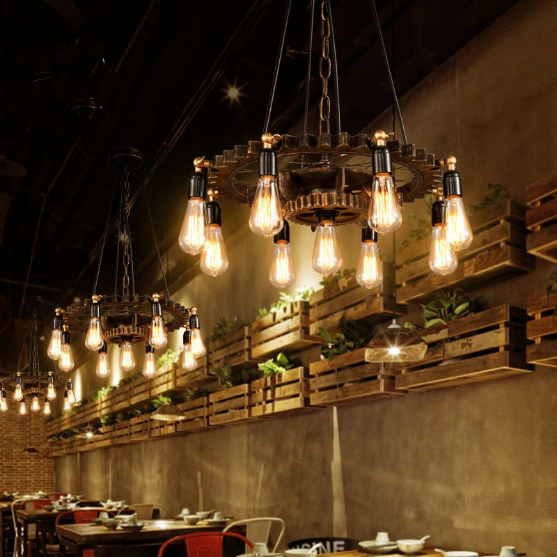 lustre industriel rétro créatif 9 têtes en bois pour loft restaurant café - vue 5 sur 9