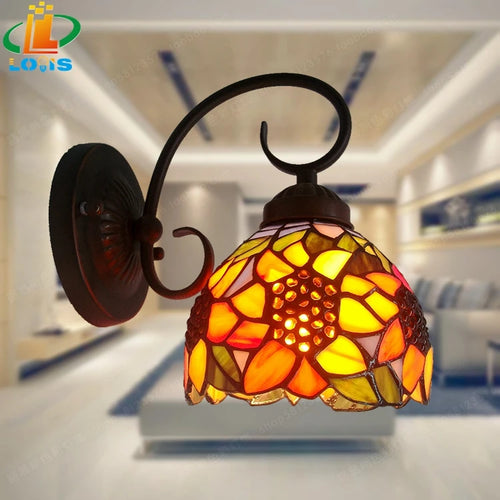 Wandleuchte im europäischen Stil mit Sonnenblumen-Motiv aus Glas für Garten und Balkon - vue 2 sur 9