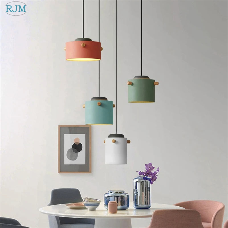 lampe suspendue nordique créative macarons led bois - vue 3 sur 18