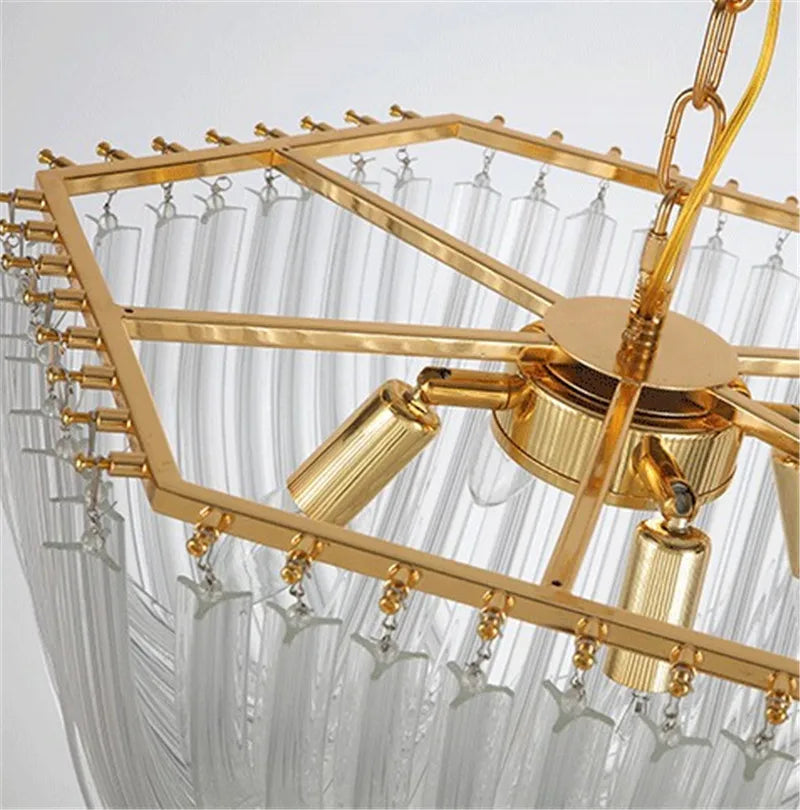 lustre suspendu en tube de verre courbé en métal doré moderne - vue 5 sur 6
