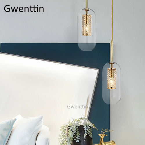 Moderne LED-Pendelleuchte aus goldenem Glas im nordischen Stil - vue 4 sur 7