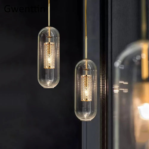 Moderne LED-Pendelleuchte aus goldenem Glas im nordischen Stil - vue 2 sur 7