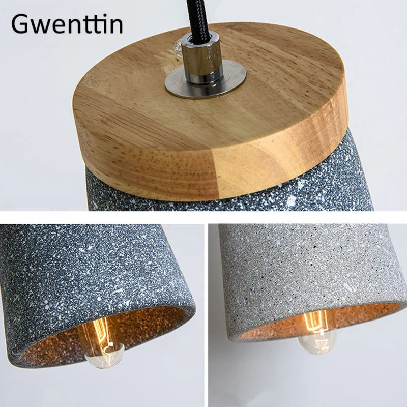 Pendelleuchte aus Zement im Vintage-Stil und modernem Holz mit LED - vue 6 sur 9