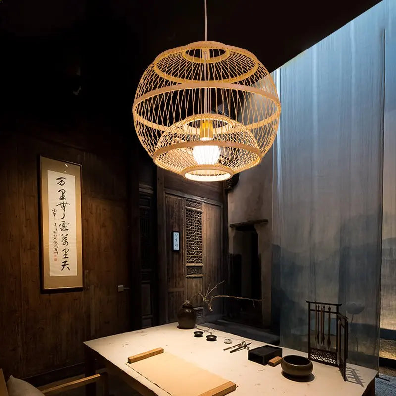 suspension vintage en bambou tressé led pour hôtel et restaurant - vue 3 sur 4