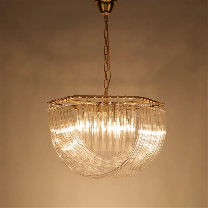lustre suspendu en tube de verre courbé en métal doré moderne - vue 4 sur 6