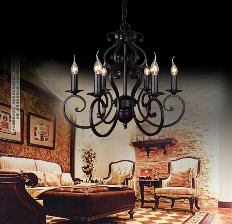 lustre vintage en fer forgé noir pour éclairage intérieur - vue 4 sur 6