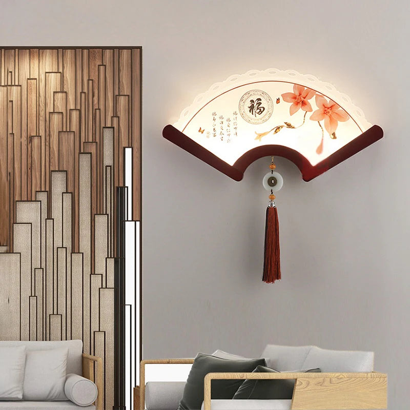applique murale en bois éventail style rétro japonais à LED - vue 4 sur 18