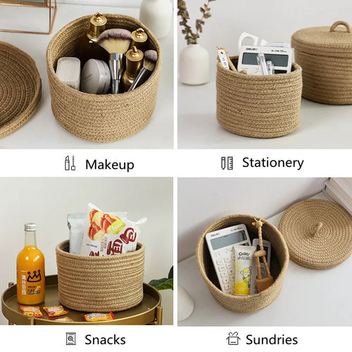 Cosmetics Storage Box, Jute Woven Basket, Tabletop Key, Remote Control Container, Snack Case with Cover Organizer, ECO Friendly - vue 7 sur 11