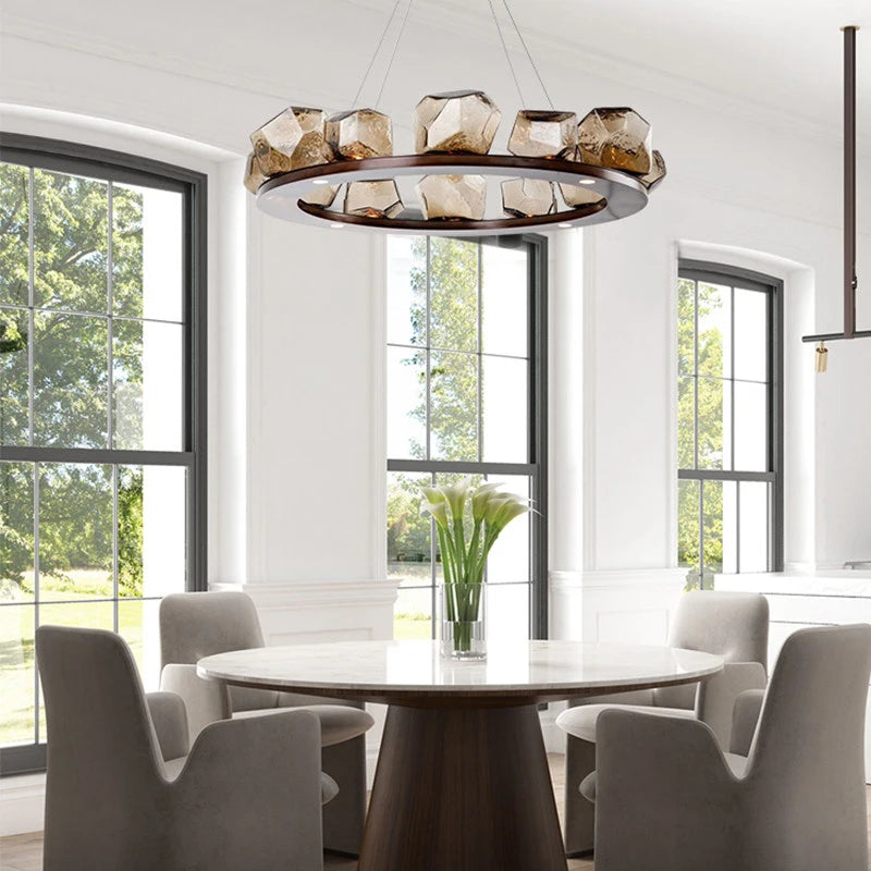 lustre led art déco rond en pierre et verre moderne - vue 7 sur 6