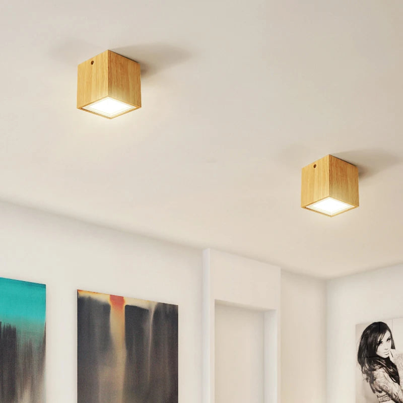 plafonnier moderne à leds design bois rond carré décoration intérieure - vue 2 sur 12