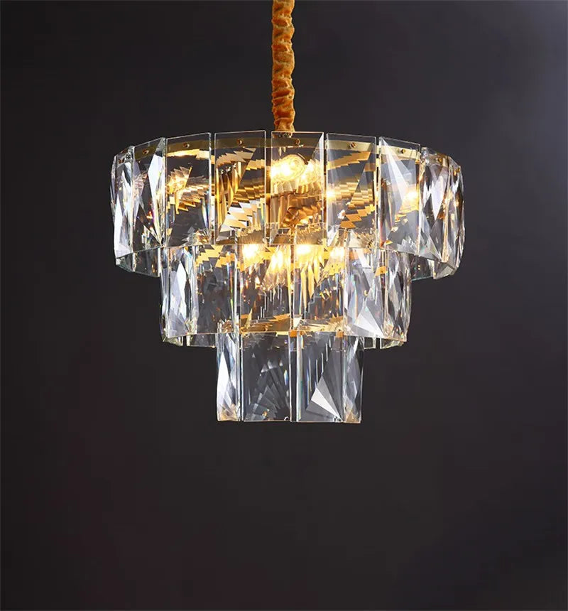 lustre rond en acier doré avec éclairage led en cristal - vue 8 sur 8