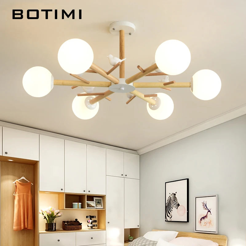 lustre botimi en bois naturel avec abat-jour rond en verre - vue 4 sur 11