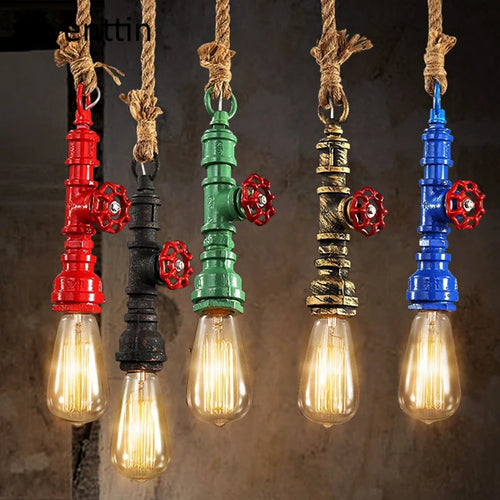 Vintage Pendelleuchte im Steampunk-Stil aus Industrierohren und Hanfseil - vue 2 sur 11