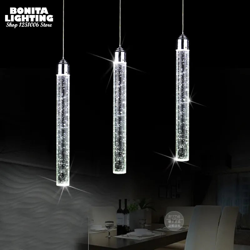 Suspension led moderne minimaliste bulle K9 lampes suspendues en cristal salle à manger cylindre long tube lampes suspendues haut plafond - vue 5 sur 8