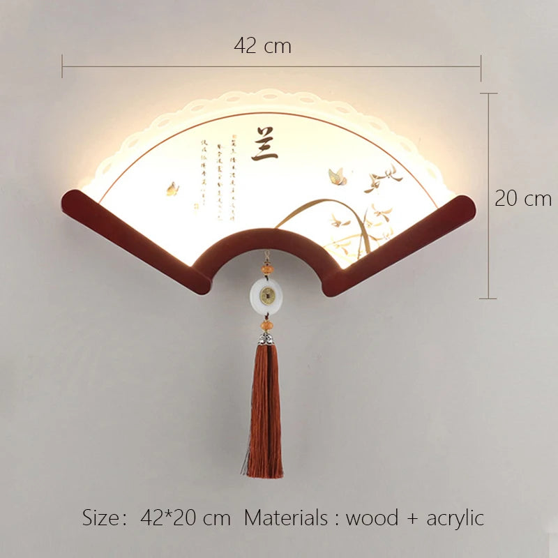 applique murale en bois éventail à led design rétro asiatique décoratif - vue 6 sur 18